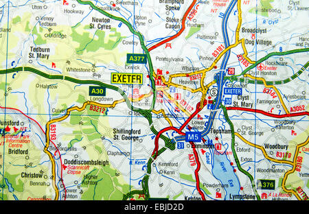 La mappa stradale di Exeter Devon, Inghilterra. Foto Stock