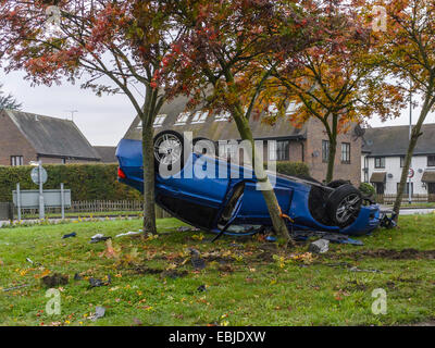 Insolito incidente automobilistico, raffiguranti blu berlina sportiva veicolo sul suo tetto, tra gli alberi su una rotatoria isola Foto Stock