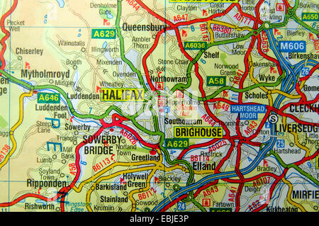 La mappa stradale di Halifax area del West Yorkshire, Inghilterra Foto Stock