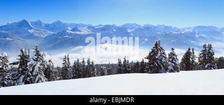 Vista panoramica dalla coperta di neve Niederhorn con il triumvirato di Eiger (3970 m), Moench (4107 m) und Jungfrau (4158 m), Svizzera, Oberland bernese, Alpi bernesi Foto Stock