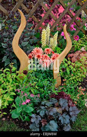 Dettaglio di un giardino decorativo confine con Heuchera, lupini e dalie Foto Stock