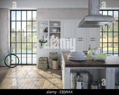 Lussuosa cucina con elettrodomestici in acciaio inox. Il rendering 3D Foto Stock