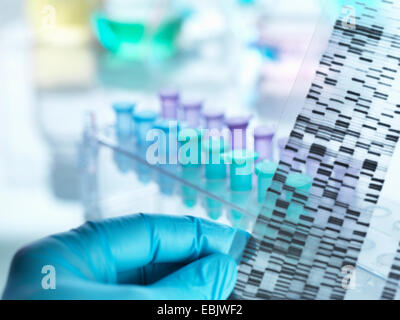 Scienziato holding gel di DNA nella parte anteriore dei campioni per i test in laboratorio Foto Stock