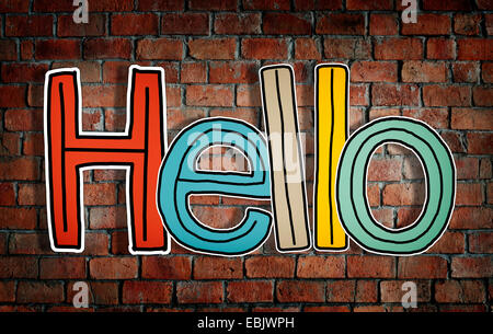 Parola Hello sul muro di mattoni in background Foto Stock