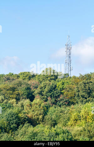 Torre delle telecomunicazioni sulla cima di una collina sopra gli alberi e la campagna circostante, Colwick boschi, Nottingham, Inghilterra, Regno Unito Foto Stock