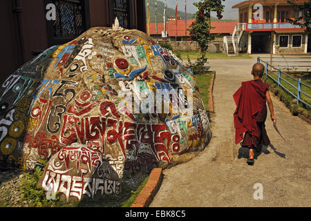 Giovane monaco su un percorso in un monastero passando un collorfully inscritto mani la pietra, Nepal, Pokhara Foto Stock