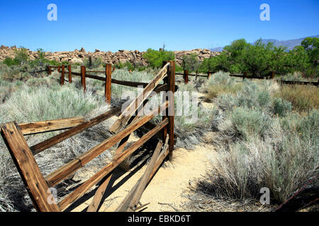 Contenitore in un paesaggio della prateria della Alabama Hills cadendo a pezzi, Stati Uniti, California, Lone Pine Santuario Foto Stock