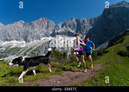 Border Collie (Canis lupus f. familiaris), giovane coppia con cane trail running al Dachstein montagne, Austria, la Stiria, Dachstein Foto Stock