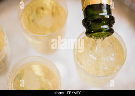Bottiglia di Champagne e champagne flauti Foto Stock