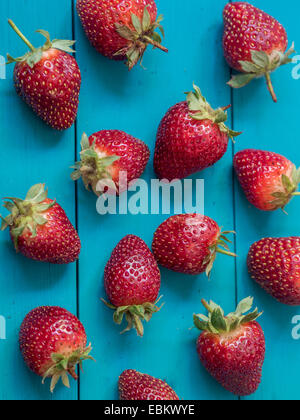 Fragole fresche su uno sfondo color turchese. Foto Stock