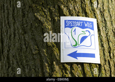 Rovere con escursioni "signpost pessart Weg", in Germania, in Baviera, Spessart Foto Stock