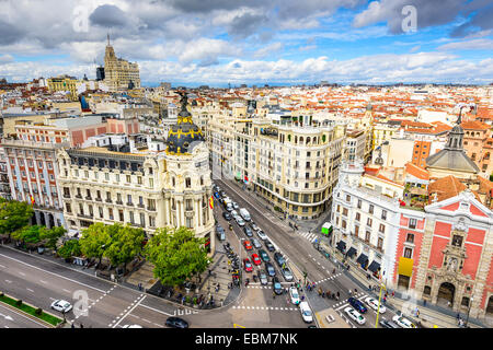 Madrid, Spagna cityscape sopra Gran Via strada dello shopping. Foto Stock