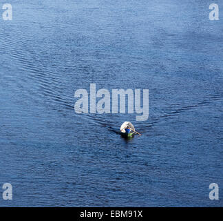 Vista aerea di un uomo che rema una piccola barca a remi in vetroresina / skiff / dinghy , Finlandia Foto Stock