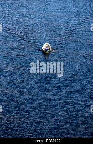 Vista aerea di un uomo che rema una piccola barca a remi in vetroresina / skiff / dinghy , Finlandia Foto Stock