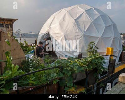 Il progetto Waterpod è un galleggiante eco-habitat che ricorda il lavoro di Buckminster Fuller, Andrea Zittel e Nieuwenh costante Foto Stock