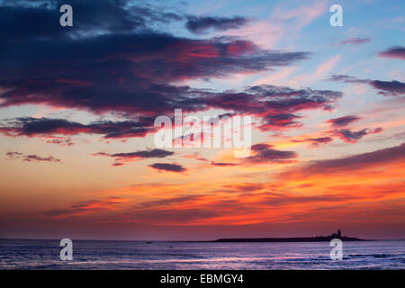 Nuvole rosa su Coquet Island all'alba camminare sul mare Northumberland Inghilterra Foto Stock