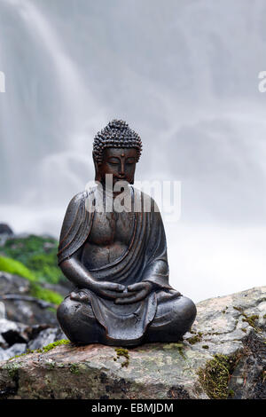 Seduto statua del Buddha di fronte alla cascata Fahler, Feldberg, Foresta Nera, Baden-Württemberg, Germania Foto Stock