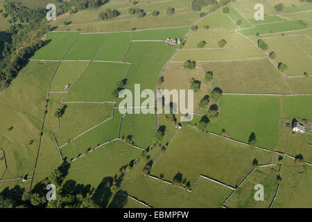 Una veduta aerea di muri in pietra a secco dividendo i campi del Peak District, Derbyshire, Regno Unito Foto Stock