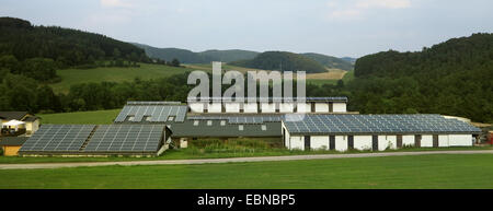 Vista aerea di collettori solari su fattoria roofes in Welleringhausen, Germania, Hesse, Sauerland, Willingen-Upland Foto Stock