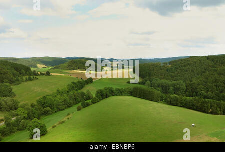 Vista aerea di campo collinare e paesaggio forestale vicino Welleringhausen, in Germania, in Renania settentrionale-Vestfalia, Sauerland, Willingen-Upland Foto Stock