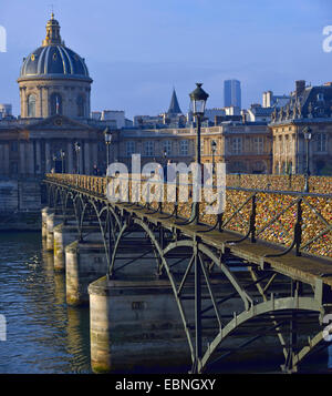 Amore lucchetti sul ponte Pont des Arts, Institut de France in background, Francia, Parigi Foto Stock