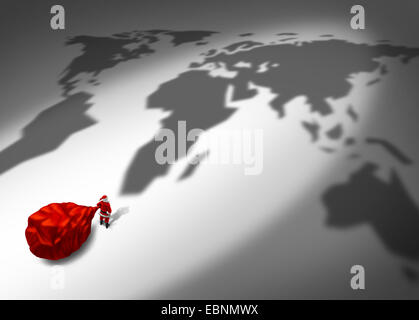 Il Natale di consegna e di spedizione per le vacanze il concetto di servizio come un Babbo Natale il carattere in un costume rosso tenendo un big red borsa regalo Foto Stock