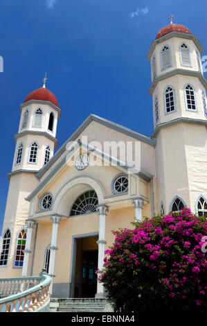 Chiesa di San Rafael Zarcero in Costa Rica con la fioritura Bouganvillea, Costa Rica Foto Stock