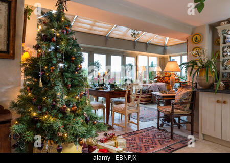 Albero di Natale decorato con tavolo da pranzo e Orangerie in background Foto Stock