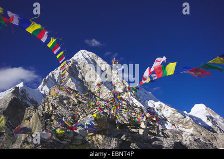 Pumori con la preghiera flagsn. Vista dal Kala Patthar, Nepal, Himalaya, Khumbu Himal Foto Stock