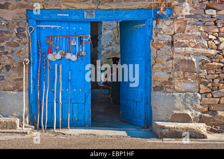 Modo di San Giacomo, Santa Catalina de Somoza: bastoni da passeggio e conchiglie dei pellegrini a blue gate , Spagna Castiglia e Leon, Leon, Santa Catalina de Somoza Foto Stock