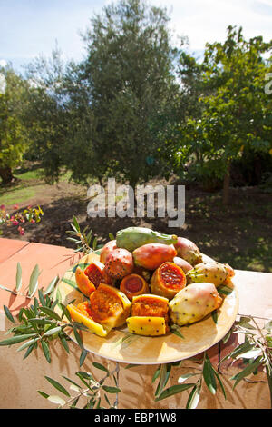 Indian fig, cactus pear (Opuntia ficus-indica, Opuntia ficus-barbarica), frutta fresca in una ciotola, Francia, Corsica Foto Stock