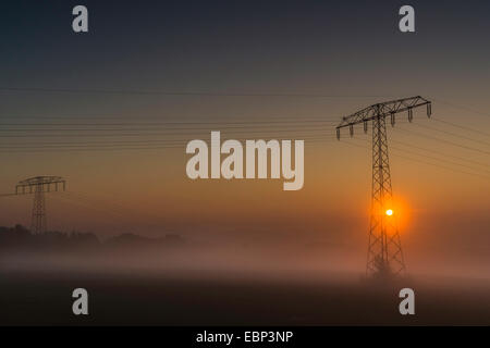 Poli di potenza nella nebbia mattutina di sunrise, in Germania, in Sassonia, Vogtland Foto Stock