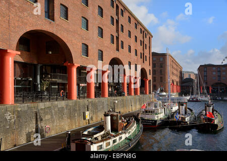 Barche ormeggiate in Albert Dock, Sito Patrimonio Mondiale dell'UNESCO, Liverpool, Merseyside England, Regno Unito, Europa Foto Stock