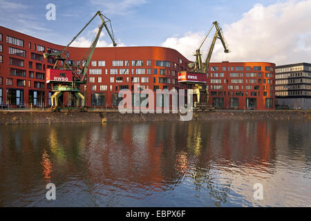 Duisburg porto interno con NRW Archivio e due gru, in Germania, in Renania settentrionale-Vestfalia, la zona della Ruhr, Duisburg Foto Stock