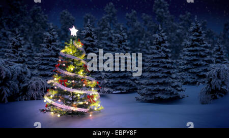Shiny albero di Natale prima neve alberi coperti di notte Foto Stock