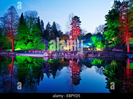 Al Grugapark illuminata di sera, in Germania, in Renania settentrionale-Vestfalia, la zona della Ruhr, Essen Foto Stock