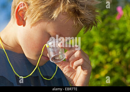 Ragazzo guardando un insetto in una lente di ingrandimento cup, Germania Foto Stock