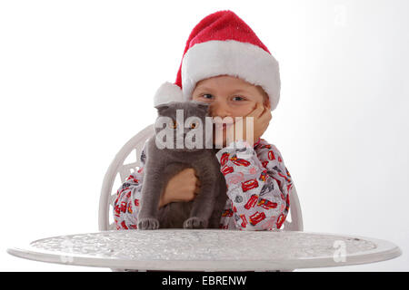 Il gatto domestico, il gatto di casa (Felis silvestris f. catus), Little Boy in pigiama con Santa┤s hat seduti ad un tavolo con un gatto in braccio Foto Stock