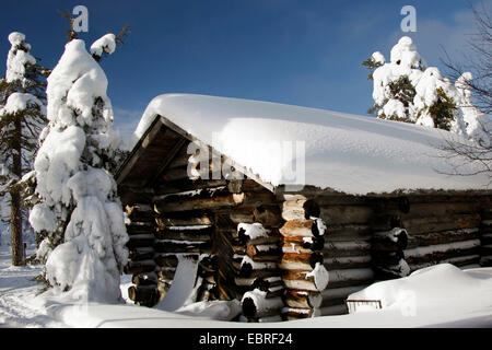 Coperta di neve log cabin, Finlandia e Lapponia Foto Stock