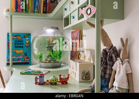 Kids scrivania con libri e giocattoli e Terrina di pesce Foto Stock