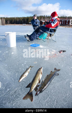 Pesca sul ghiaccio sul lago ghiacciato, Svezia Foto Stock