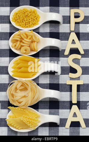 Pasta scritto con lettere in legno sul panno a scacchi e paste alimentari non cotte su porcellana cucchiai Foto Stock