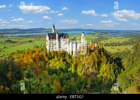 Il Castello di Neuschwanstein con Forggensee e Bannwaldsee, in Germania, in Baviera, Allgaeu Foto Stock