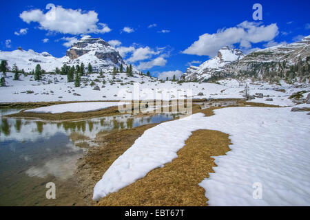 Winterly paesaggio di montagna in giugno in alto Vale di Fanes, Italia, Alto Adige, Dolomiti Foto Stock
