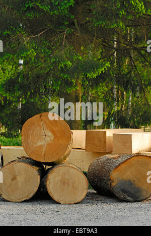 Abete (Picea abies), elaborati abete (di seguito) e fir (sopra) tronchi la memorizzazione in corrispondenza di un bordo della foresta, Germania Foto Stock