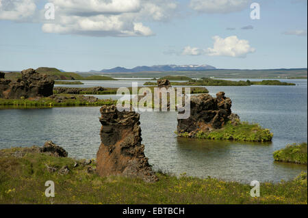 Roccia lavica formazione presso il Lago Myvatn, Islanda, Kalfastroend, Myvatn Foto Stock