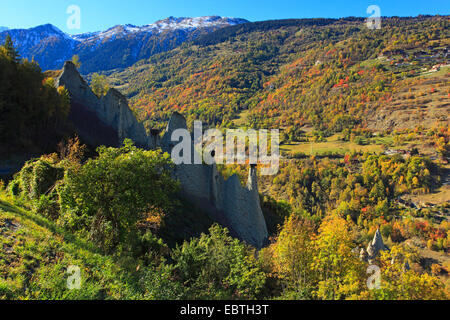 Pyramides di Euseigne nella foresta di autunno, Svizzera Vallese, Ehringer Tal Foto Stock