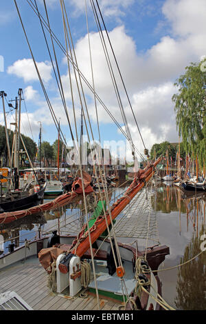 Le navi nel porto adornata con bandiere colorate e bandierine per il thr harbour festival, Germania, Bassa Sassonia, Frisia orientale, Carolinensiel Foto Stock