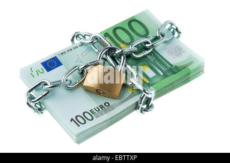 Le banconote in euro con blocco e catena Foto Stock