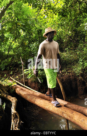 L'uomo che va oltre il stretto ponte di legno, Madagascar, Nosy Be Foto Stock